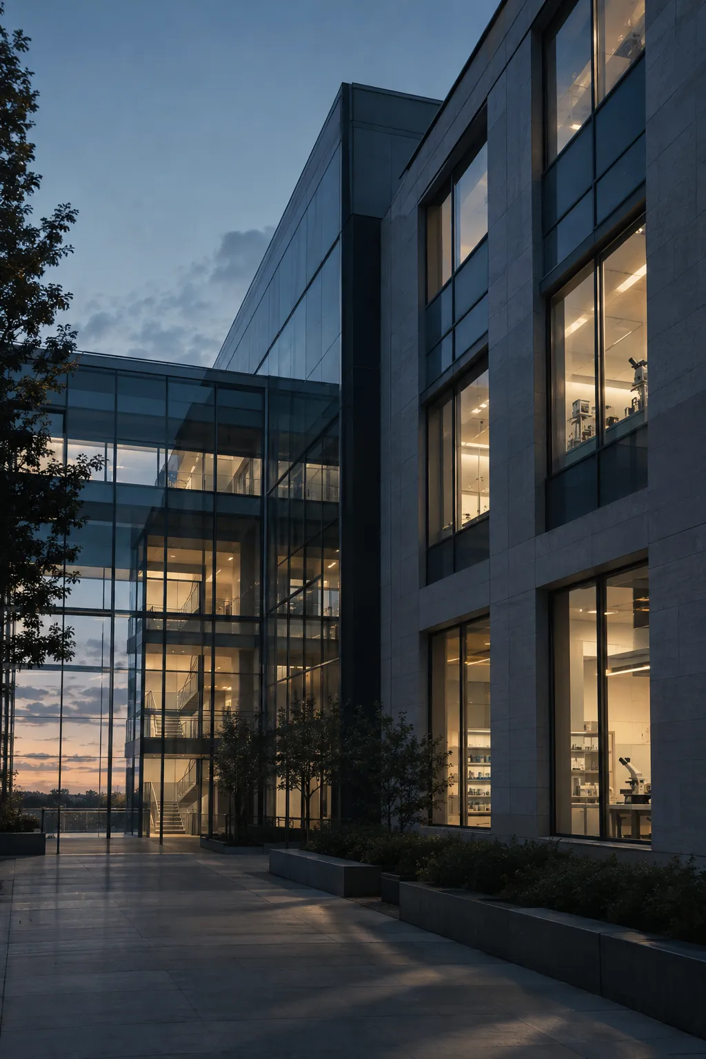 Glass and stone research campus building at dusk